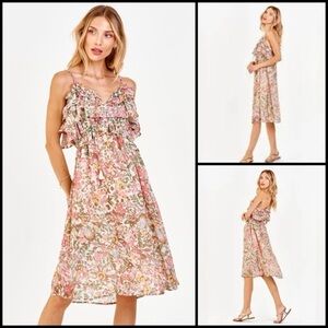 DEAR JOHN VALENTINA RUFFLE BOHO MIDI DRESS IN VINTAGE FLORAL WALL PAPER  SZ S
